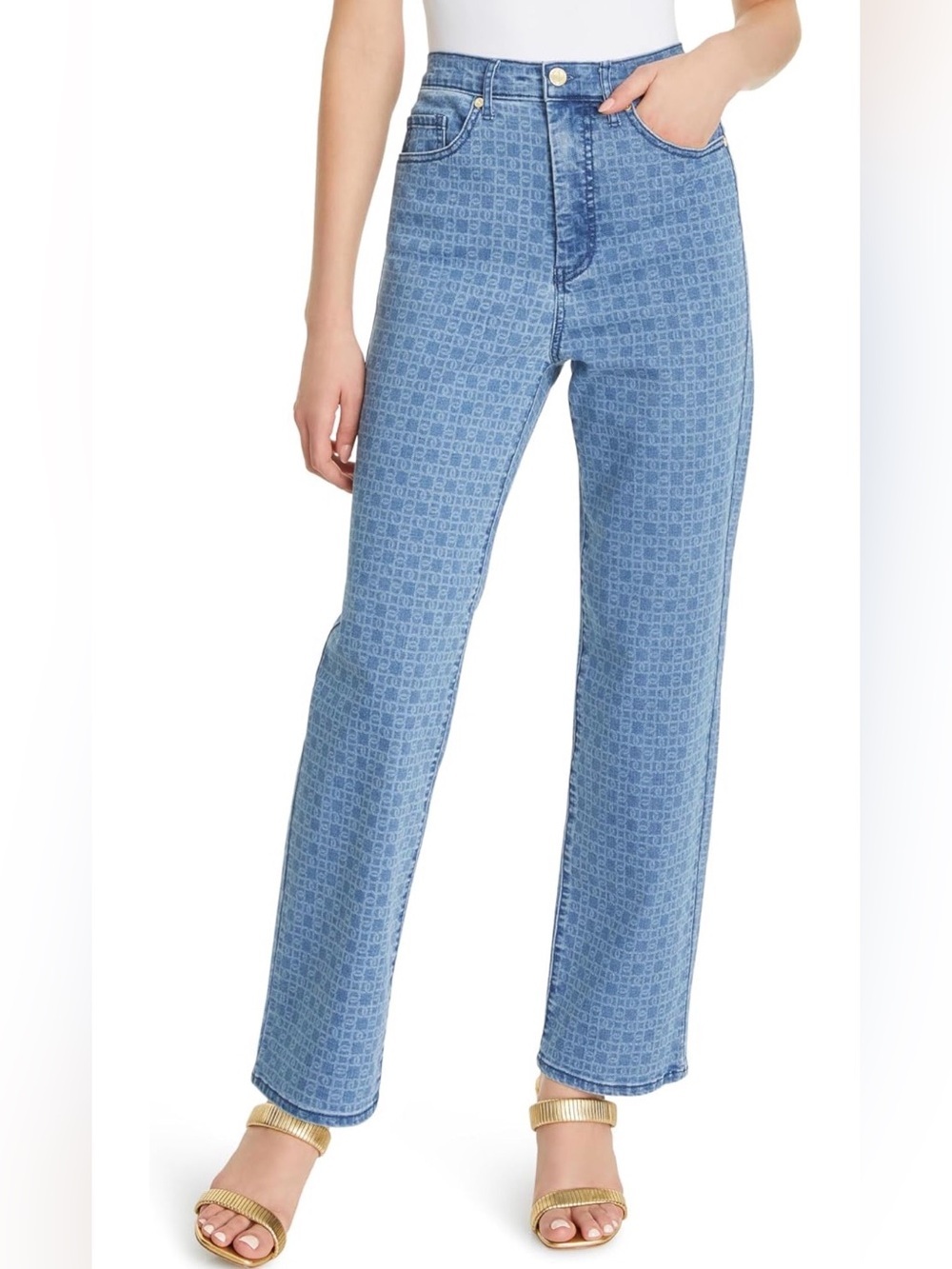 DO by Dee Ocleppo Matilda High Rise Straight Leg Jeans Blue Logo Print Sz 8 NWT